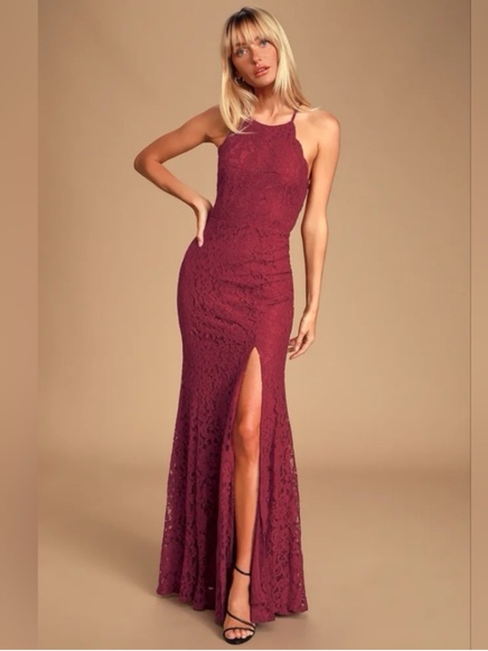 Lulus Splendor of Love wine red lace maxi dress w/ a halter neck & mermaid skirt
